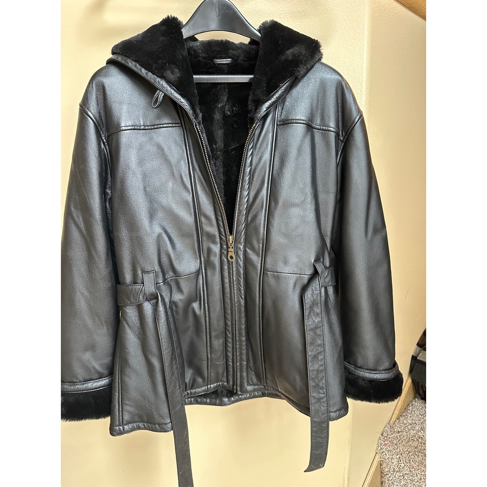 Wilsons Black Leather Hooded Jacket Faux Fur Lined Belted Zip Front Coat